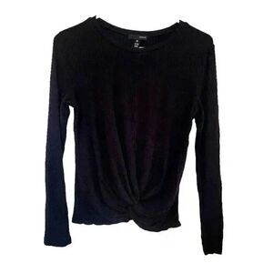 Missguided Women's Black Ribbed Rayon/Spandex Crew Neck Long Sleeve Twist Front